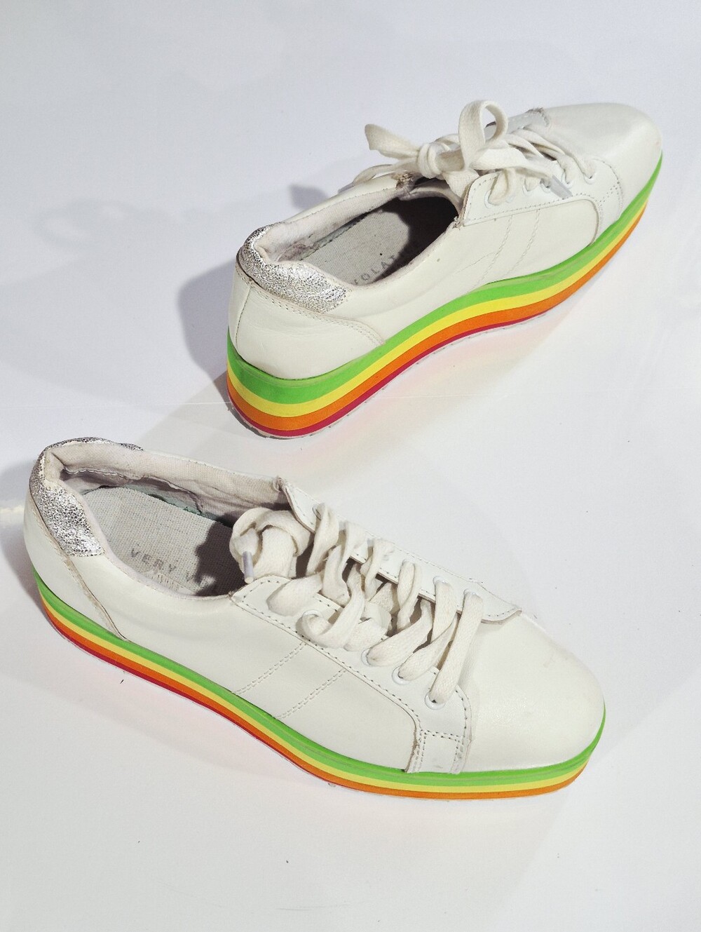 VERY VOLATILE Women's White Leather Sneakers with Rainbow Platform Size 6.5